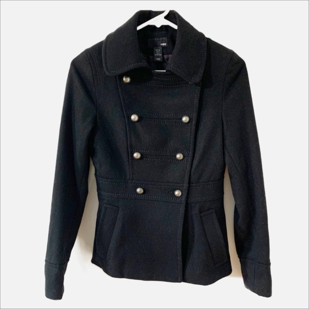 H&M Wool Blend Military Style Coat Rounded Collar Double Breasted Golden Buttons